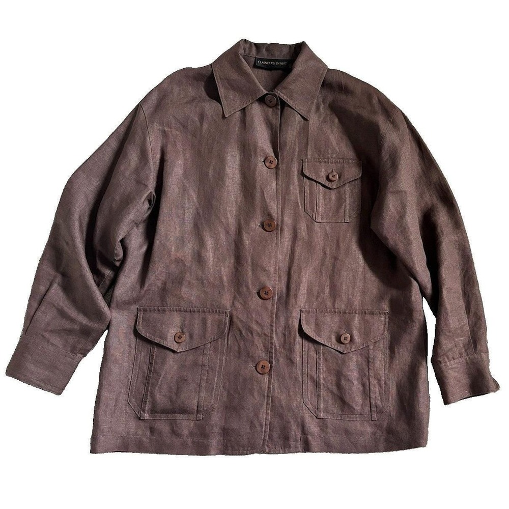 Vtg Classiques Entier Relax Fit 100% Linen Safari Chore Coat Unisex Small Brown